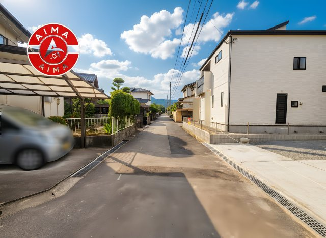 筑紫野市むさしヶ丘3丁目第1-2棟（1号棟）の前面道路含む現地写真|前面道路は閑静な住宅地をはしる車通りの少ない道路。お車の出し入れが苦手なママや小さなお子様にも安心ですね。しっかり舗装もされているので、ベビーカーや自転車で通っても快適に通行できます。前面道路です。