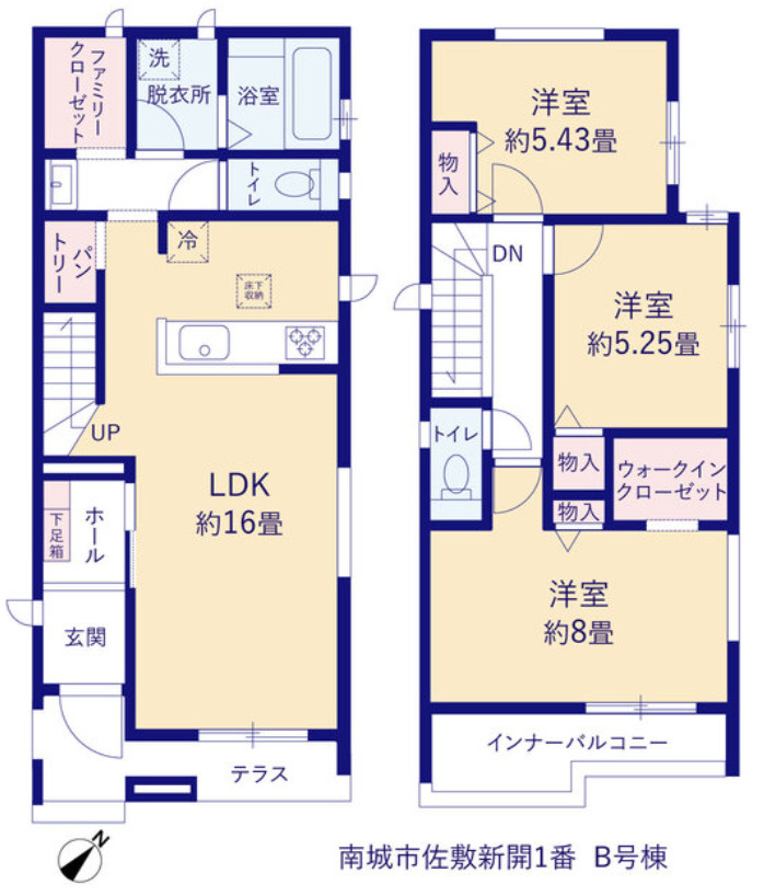 南城市佐敷新開1番　B号棟の間取り|3LDK＋ウォークインクローゼット＋インナーバルコニー