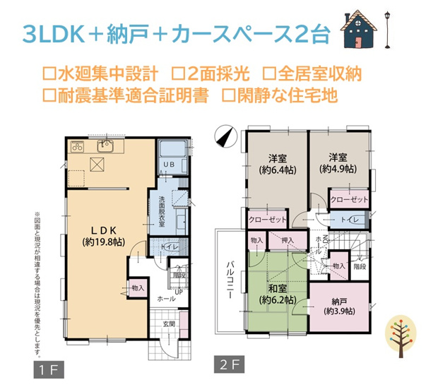 【間取り】 | 各居室収納完備し、プライベートも満喫できる３SLDKプラン◎
リビングは19.8帖の広さがあり、自然とご家族も集まります！