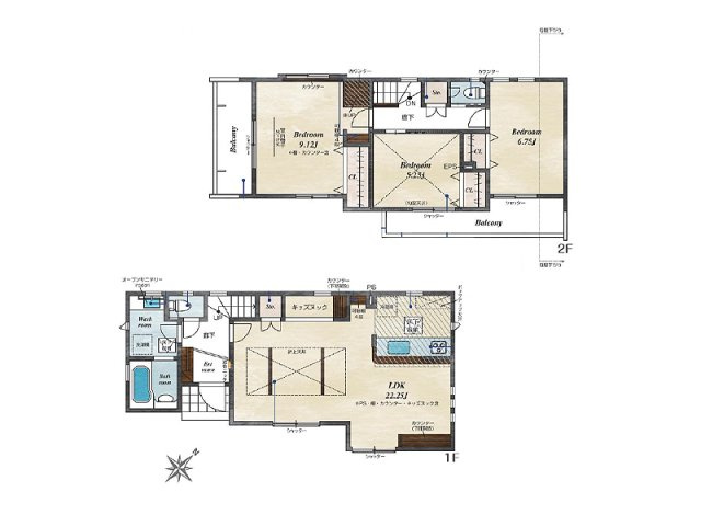 【間取り】 | 清瀬市下宿3丁目　新築一戸建住宅　全3棟　(丸井志木店) | 22.25帖の広々LDKに、スタディーカウンターやキッズヌックを設けた、ご家族で楽しめる空間設計。キッチンポップアップ天井がおしゃれなアクセントを演出します。