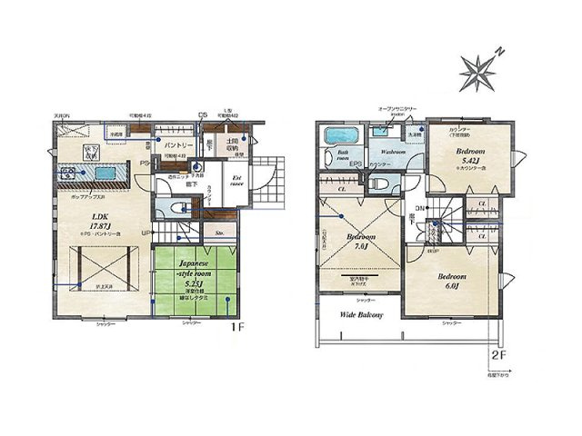【間取り】 | 清瀬市下宿3丁目　新築一戸建住宅　全3棟　(丸井志木店) | 17.87帖のLDKは、隣接する和室を開放すると23.12帖の広々空間に。パントリーや土間収納など収納も充実し、玄関には便利な洗面台を設けました。