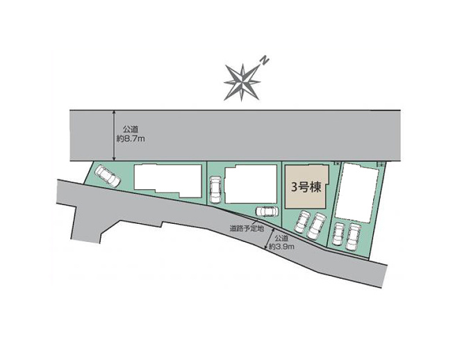 【区画図】 | 清瀬市下宿3丁目　新築一戸建住宅　全3棟　(丸井志木店) | 2方向道路に面した開放感ある立地。カースペースは2台分確保し、車の出し入れもしやすいゆとりある区画です。