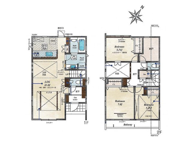 【間取り】 | 清瀬市下宿3丁目　新築一戸建住宅　全3棟　(丸井志木店) | 21帖の広々LDKに吹抜けを採用した、明るく開放感ある住まい。キッチン勝手口や2階廊下収納など、暮らしやすさにも配慮した3LDKです。