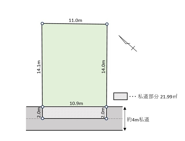 八千代台東３丁目　売地の土地図|確定測量済　正味155.76㎡（47.1坪）　他に私道部分21.99㎡あります。