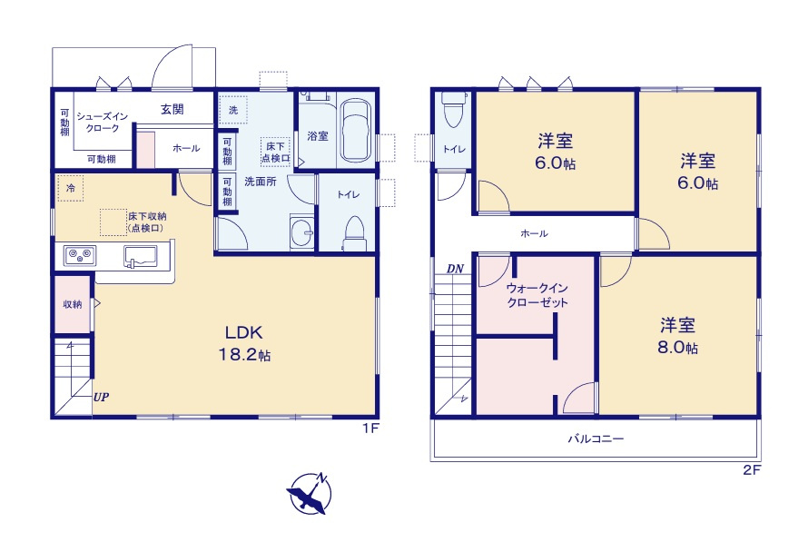 リーブルガーデン  大洗町磯浜町　5期　限定1棟！の間取り|　
☆洗面室2WAY出入り口で生活動線がコンパクト。全室明るい二面窓、通風も良好、広さゆったり6帖以上です。居室も収納スペースも余裕のある広さで、自由度が高い間取りです。