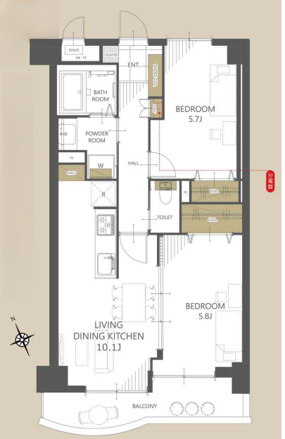 日吉ダイヤモンドマンション２号館の間取り|２LDK・52.13㎡、南西向き、陽当たり良好の物件です。