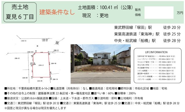 【土地図】 | 【仲介手数料無料】船橋市夏見　建築条件なし売地 | 仲介O円団では掲載物件以外も仲介手数料無料にてご購入いただけます！