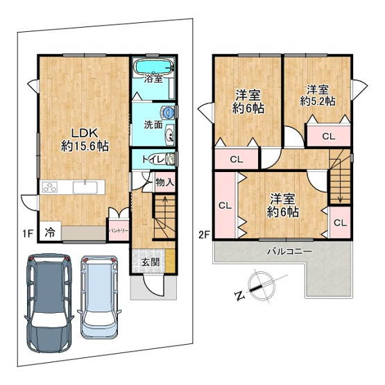 【間取り】 | 枚方市楠葉面取町2丁目 戸建 | 1F：41.31㎡
2F：38.88㎡