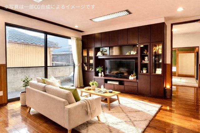 豊橋市王ヶ崎町字宮脇の居間・リビング|こちらの家具家電はAIによるイメージのため、実際の設置はありません。