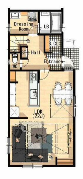 豊橋市西幸町字笠松の新築一戸建の間取り| LDK22帖の広々リビング！