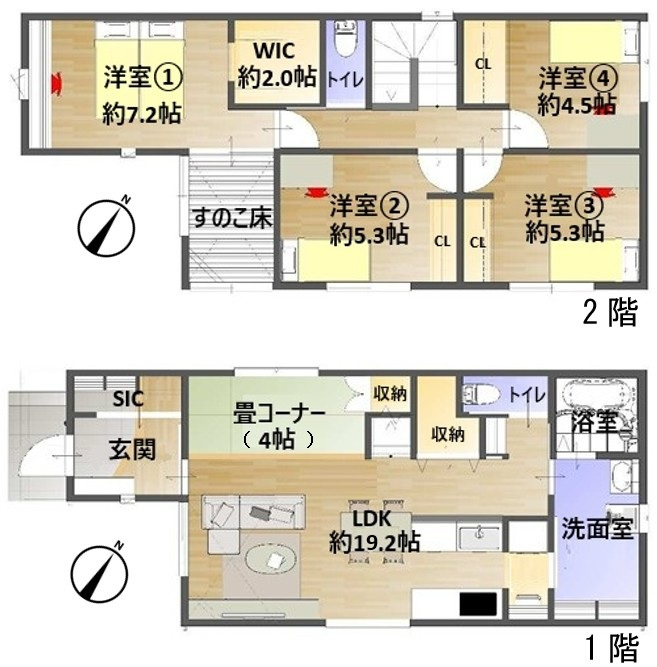 古江東町（B）　新築一戸建ての間取り|各所に収納スペースを多く点在させており、生活を具体的にイメージした間取りになっています。