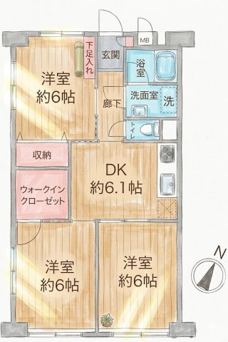 三ツ沢ハイタウン1号棟の間取り|3DK、価格2680万円、専有面積56.44m2、バルコニー面積6.48m2 【DK　6.1帖】 【洋室　6.0帖・6.0帖・6.0帖】 南面バルコニー
