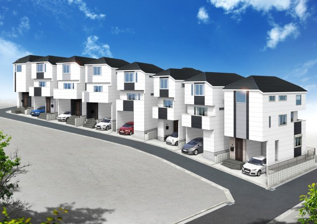 【横浜市旭区西川島45-2全8棟新築戸建て】★仲介手数料無料★（鶴ケ峰小学校・西谷中学校）の外観パース|統一感ある美しい街並みが印象的な全8棟の新築分譲住宅。白を基調としたスタイリッシュな外観デザインが並び、鶴ヶ峰駅徒歩8分の利便性と落ち着いた住環境を兼ね備えた新街区です。