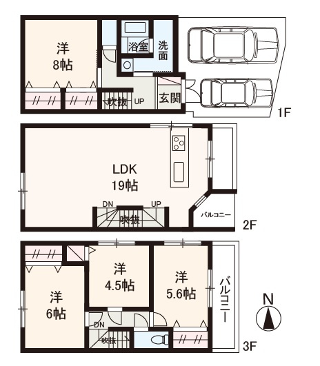 【間取り】 | 大阪市東住吉区田辺5丁目　中古戸建 | 鉄骨造3階建て、4LDKリフォーム物件！カースペース並列2台分有(車種による)。物件に関するお問い合わせはお気軽にどうぞ。