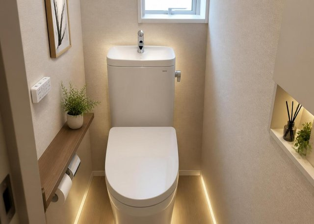 【トイレ】 | 清潔感あふれる温水洗浄便座付きトイレは、1階と2階の2ヶ所に設置されています。朝の忙しい時間帯も混雑せず快適に使用できます。小窓が付いているため換気がしやすく、常に衛生的な状態を保てます。