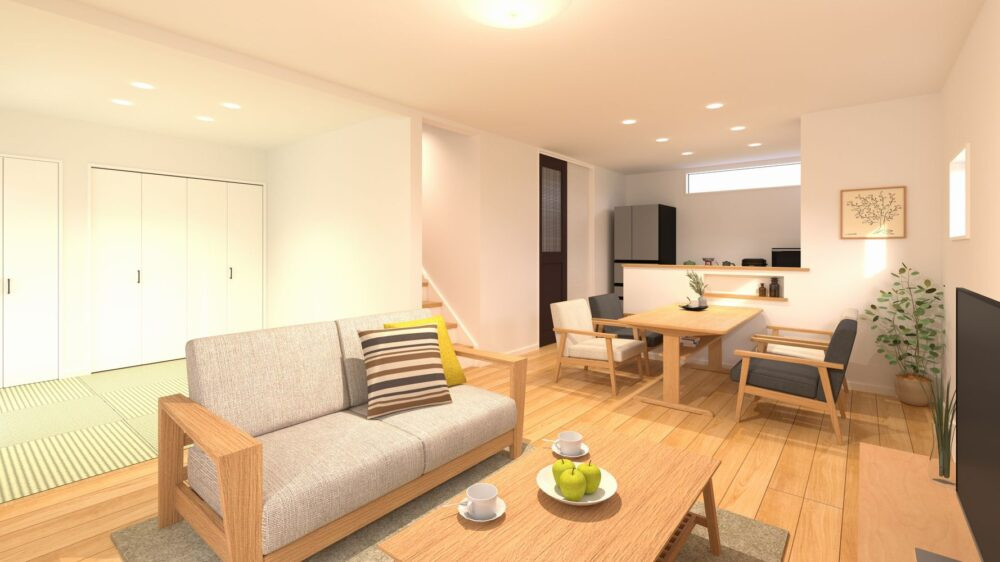 LAVIE土居田2503Aの居間・リビング|16帖+和室の広々としたLDK。住みやすさを追求した間取。シンプルな造りだからこそ、そこに住まう家族の好みに合わせられます♪全居室の床は傷がつきにくいフロアー材を採用！