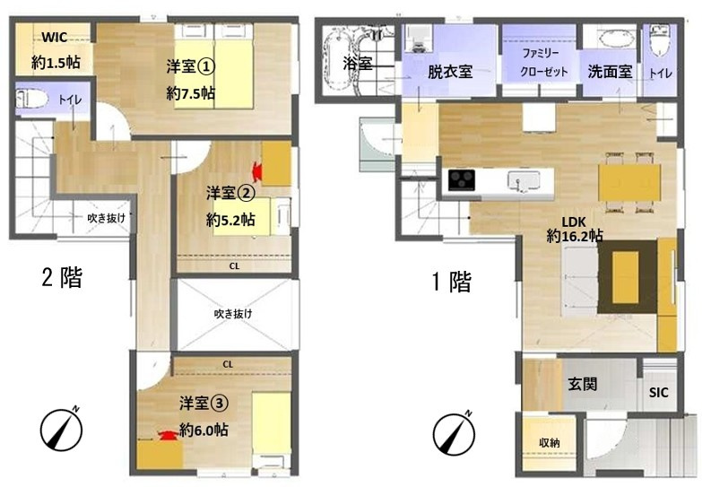 古江東町（D）　新築一戸建ての間取り|各所に収納スペースを多く点在させており、生活を具体的にイメージした間取りになっています。