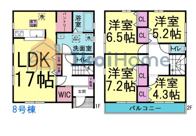 神戸市西区竜が岡1丁目　全8棟　8号棟　新築戸建の間取り|●年中無休：当日予約可●パントリー完備♪広々洗面スペース！1階にWIC完備で豊富に収納可能です！