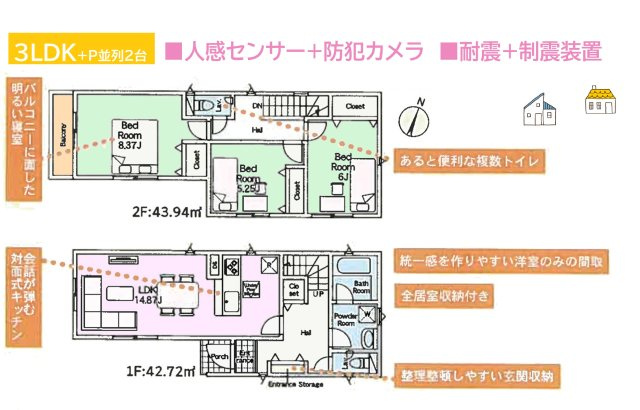 【間取り】 | 全居室収納+廊下収納で日用品などもすっきり片付きます◎　　　
人感センサーと防犯カメラ完備で、安全対策もばっちり♪