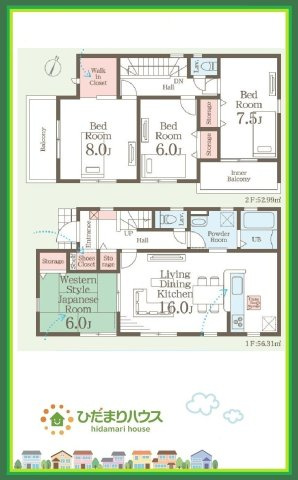 いわき市常磐下船尾１期　新築戸建　2号棟の間取り|南と西の二面にバルコニーがある為、日当たり、通風共に良好です♪