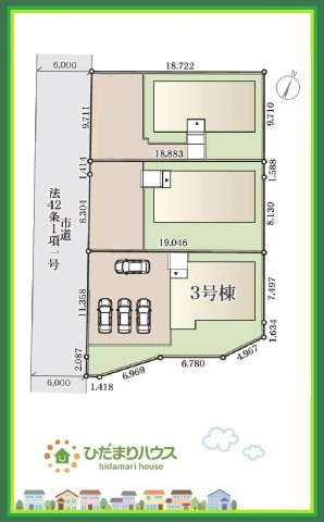 いわき市常磐下船尾１期　新築戸建　3号棟の区画図|前面道路幅6ｍ☆車の出入りもラクラクできちゃいます(^^♪