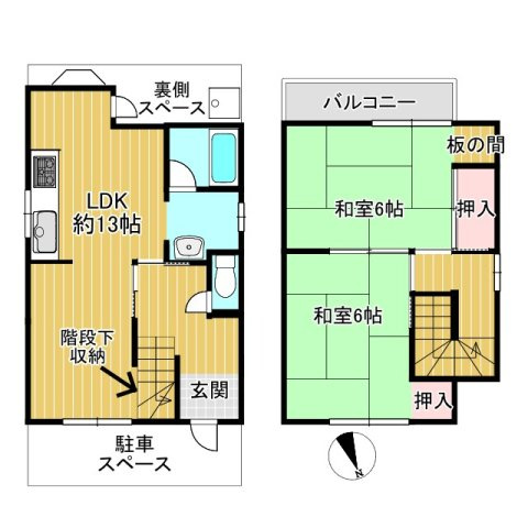【間取り】 | 枚方市黄金野2丁目　戸建 | 2LDKの間取りになります。
駐車スペースもございます。
※車種による制限有