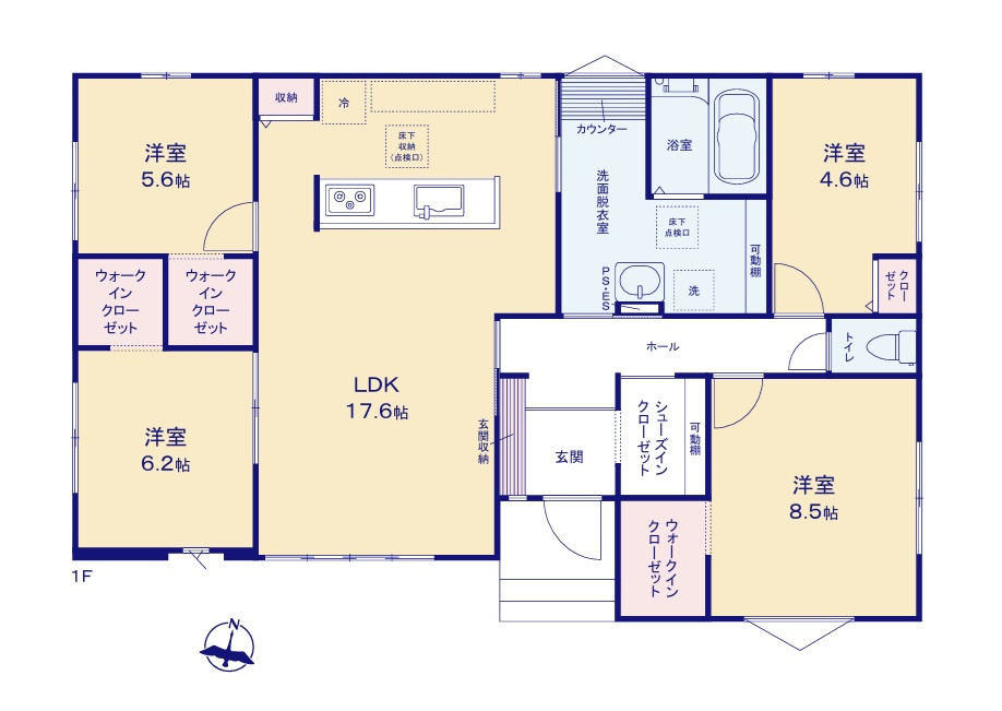 ケイアイフィット　ひたちなか市大成町　3期 　限定1棟！の間取り|　
☆LDKゆったり17.6帖、全室収納スペース付き、二面窓で通風も良好です。回遊性のある間取りで生活動線がコンパクト、家事もはかどります♪
