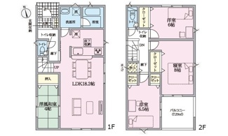 【間取り】 | 大竹市小方1丁目【全4区画】No2　 | 1階には独立性の高い洋風和室があり、来客時や家事スペースとして重宝します。各居室にはクローゼットを完備。8帖の主寝室からは広々としたバルコニーへ繋がる設計です。