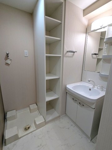 N-stage上野の洗面所|トイレと独立した洗面室、ハンドシャワー付洗面台、室内洗濯機置場は排水溝のお手入れがし易い様に中央手前に配置し、足高の防水パンです