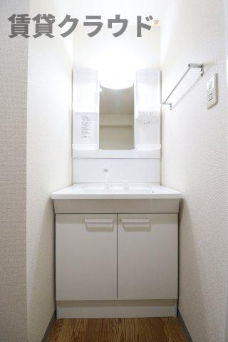ドミール陽水の洗面所|収納スペースがあるので、散らかりがちな洗面台もスッキリ！