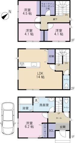 箕面市半町2丁目土地の参考プラン|◆【参考建物プラン例】
　　参考建物価格1600万円    
　　参考建物面積93.98㎡ 
　　木造3階建