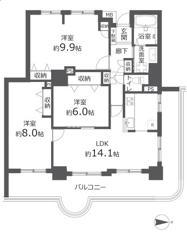所沢スカイライズタワーの間取り|31階建14階部分、陽当たり良好！3LDKの間取りです。