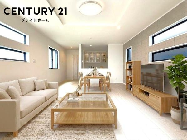 横浜市戸塚区汲沢７丁目の新築一戸建の居間・リビング|家族が自然と集まるリビングは
落ち着きのある空間です♪
※家具等はCGでの参考レイアウトです