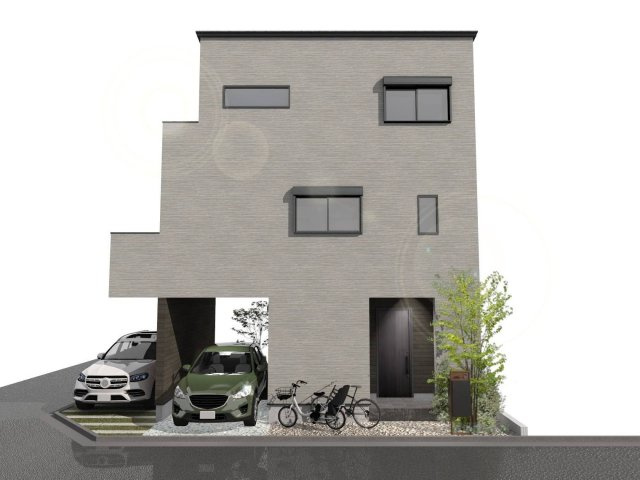 東大阪市稲田本町2丁目の外観パース|3階建プラン