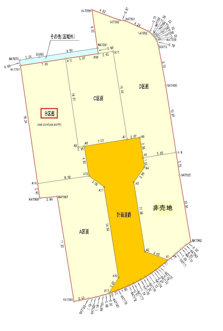 薊野中町　建築条件なし　B号地　売土地（全5区画）　の区画図|B号地　土地面積　148.15㎡（約44.81坪）