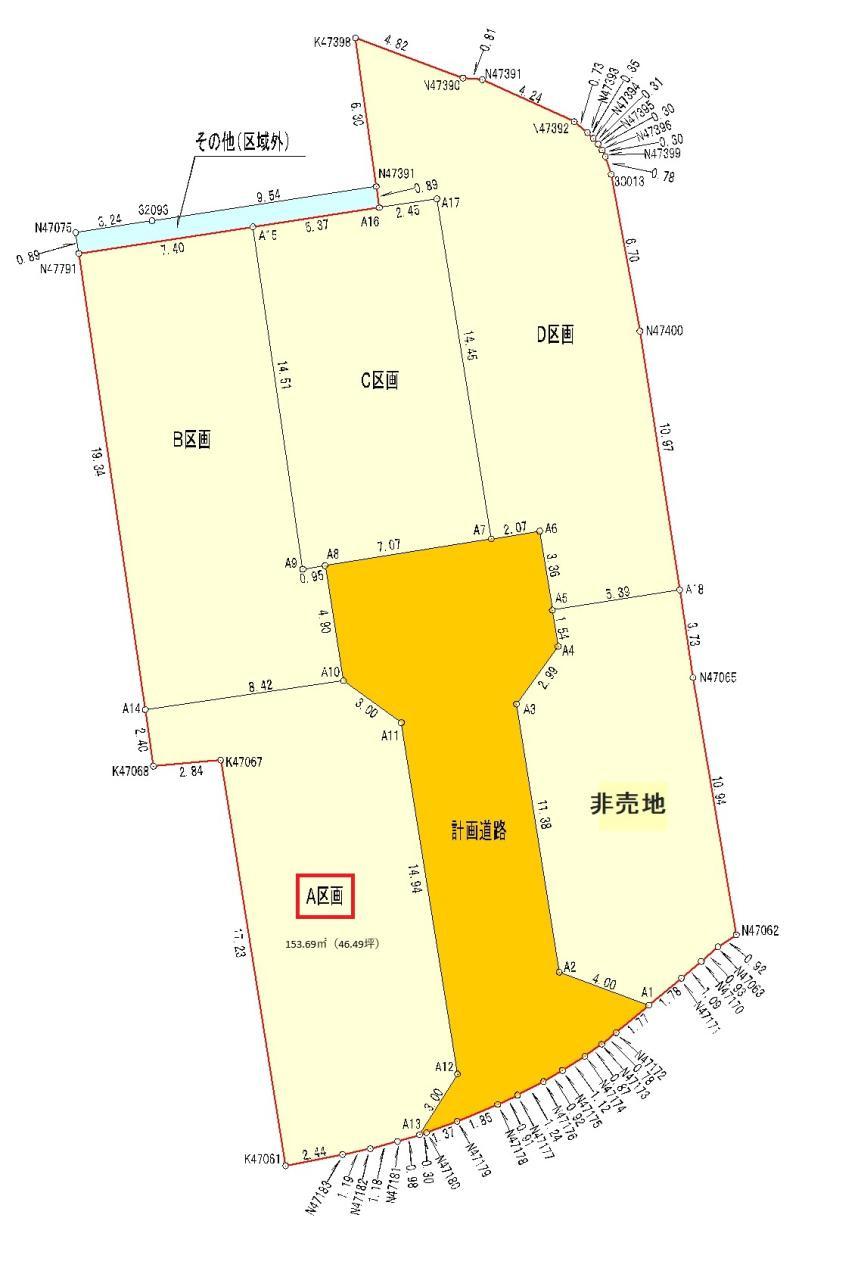 薊野中町　建築条件なし　A号地　売土地（全5区画）　の区画図|A号地　土地面積　153.69㎡（約46.49坪）
