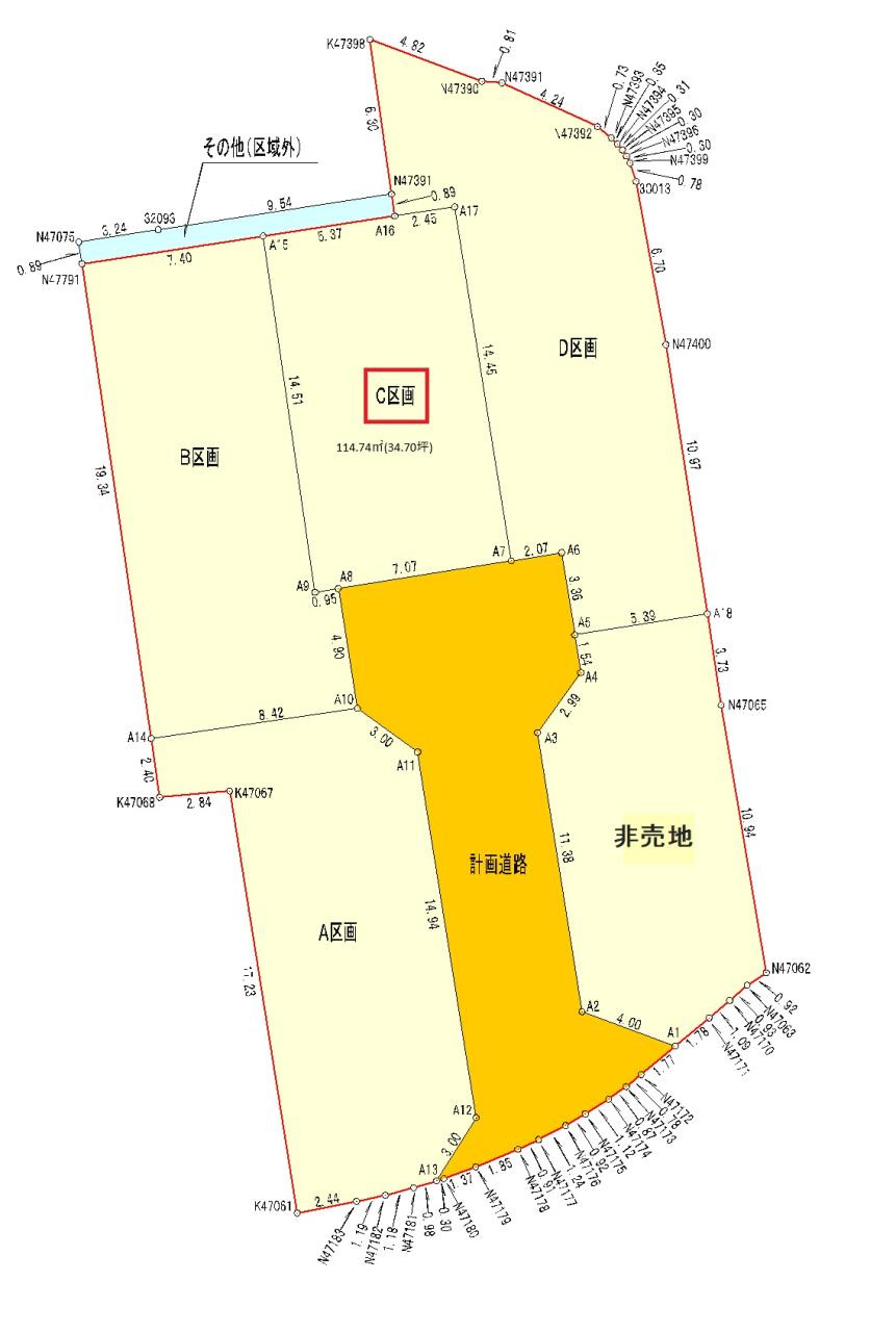 薊野中町　建築条件なし　C号地　売土地（全5区画）　の区画図|C号地　土地面積　114.74㎡（約34.7坪）