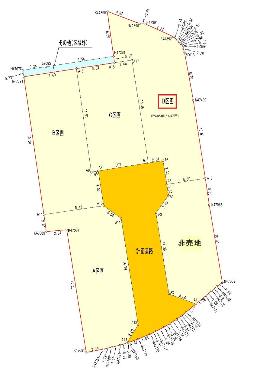 薊野中町　建築条件なし　D号地　売土地（全5区画）　の区画図|D号地　土地面積　169.85㎡（約51.37坪）