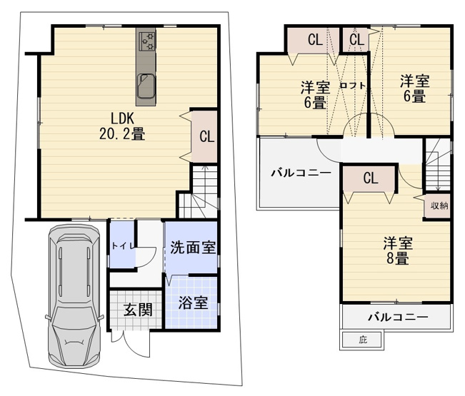 【間取り】 | 八尾市相生町3丁目 | 【3LDK＋駐車・駐輪スペース】内外装リフォーム済み☆LDK広々約20帖！全居室6帖以上♪設備充実☆床暖房・食洗機・バス追炊機能・浴室乾燥機・TVモニターホン完備☆バルコニー2ヶ所☆オープンロフト付☆