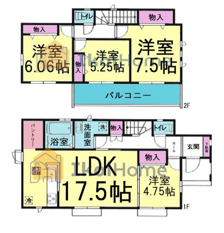 神戸市西区秋葉台2丁目　全1棟　新築戸建の間取り|【ホームページに現地動画掲載中】●年中無休：当日予約可●LDK17.5帖の横に洋室4.75帖あり！