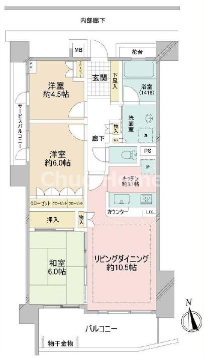 コスモ21ザ・ガーデンズフォートの間取り|南西角部屋住戸につきまして日当り・通風良好。空室につきましていつでも内覧が可能です。