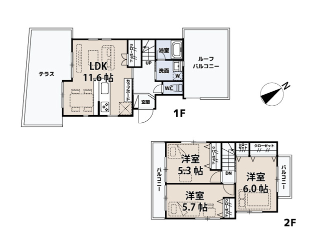 【間取り】 | 和光市下新倉4丁目　中古一戸建住宅（成増店） | 開放感あふれる1Fルーフバルコニー付き！BBQスペースやくつろぎスペースとしても利用でき、暮らしに彩りがプラスされます。