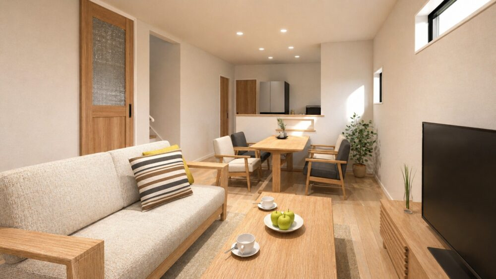 LAVIE土居田2601Bの居間・リビング|【内観予想図】15帖の広々としたLDK。住みやすさを追求した間取。シンプルな造りだからこそ、そこに住まう家族の好みに合わせられます♪全居室の床は傷がつきにくいフロアー材を採用！
