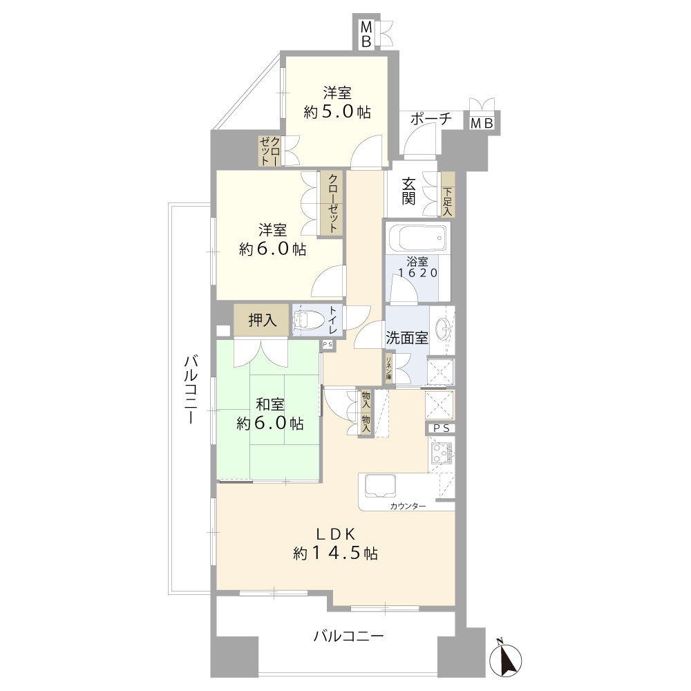 アンビシャス相模原の間取り|77.33㎡のゆとりのある３LDKです。
２面バルコニーで日当たり良好
