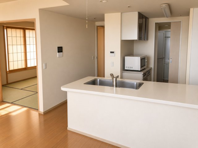 アンビシャス相模原のキッチン|キッチンから洗面室へ繋がっており、家事動線が良い間取りです。※AI加工により、空室に近い状態