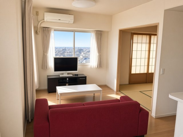 アンビシャス相模原の居間・リビング|高層階、角部屋。明るく開放感があるリビングです。※AI加工により、空室に近い状態