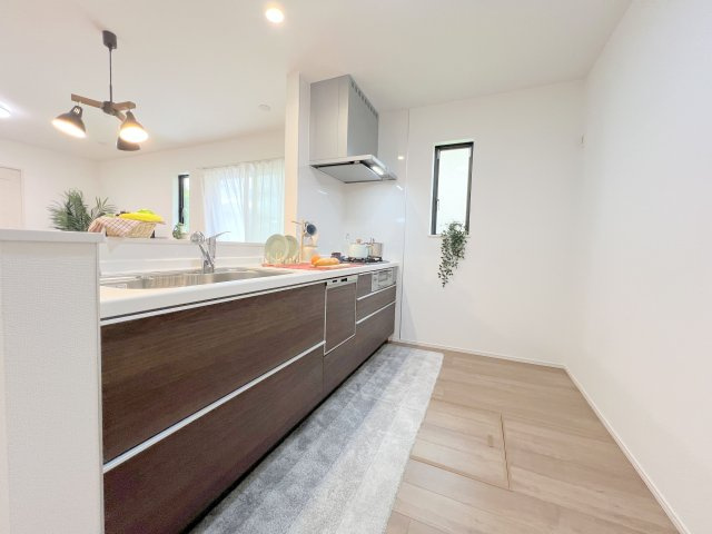 羽村市川崎2丁目　新築戸建全1棟のキッチン|スライド収納付きシステムキッチン。パスタ鍋や圧力鍋の出し入れもスムーズ