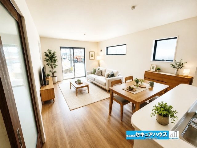 【完成】知多市日長台　全1棟の居間・リビング|【LDKイメージ】
※家具はイメージです。
◆日当たりが良く温かい広々リビングは家族の団らんスペースになります。
　　　　　　　　　　　　　　　　　　　　　　　　　　　　　　　　　　　　　　　　　　　