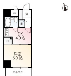 【一人暮らしの方向け】高知市はりまや町2丁目アルファはりまやばし　中古マンションの間取り|生活動線がスムーズな使いやすい1DKタイプ。