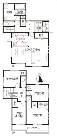 東海市名和町岡前44番1『仲介手数料無料』新築一戸建て・建売の間取り|　2号棟　1F:LDK17.6帖！キッチン物入♪ホール物入♪ゆとりの洗面室♪2F:洋室7帖・洋室5帖・洋室4.5帖・洋室4.5帖　CL設置♪廊下物入♪南面ワイドバルコニー♪